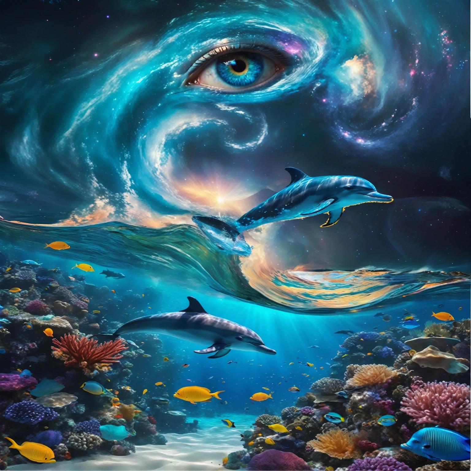 a giant eye emerging from colorful coral reefs, tropical fish, two dolphins swimming in a cosmos of stars and nebulae, underwater ocean transitioning into space, best quality, 8k, highres, masterpiece, ultra-detailed, realistic, photorealistic, photo-realistic, HDR, vivid colors, cinematic lighting, surreal, fantasy, digital art, concept art