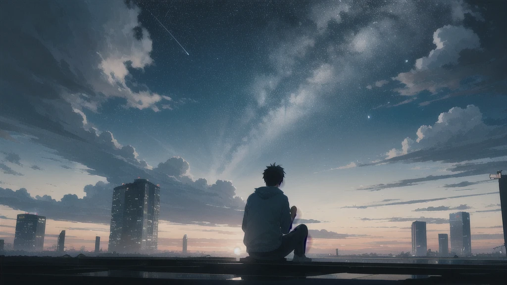 深night,暗いnight空,Octane, star (null), scenery, Blue parakeet,Acoustic guitar,star, night, One Boy, Back view,night, alone, Outdoor, Blue parakeet,building, cloud, milky way, Sitting,city, silhouette