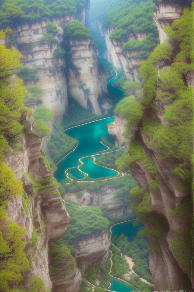 a view of a river running through a canyon surrounded by trees, Unbelievably beautiful, baotou china, Beautiful nature, ( Visually stunning, qiangshu, Beautiful images, The above points, Waterfalls and lakes, canyon, Very extremely beautiful, Stunning sight, scenery is beautiful, Xianxia, By An Zhengwen, very scenery is beautiful, 山中canyon