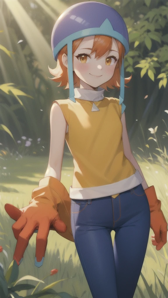 masterpiece, Highest quality, High resolution,
Soladef, One , alone, blush, smile, short hair, Orange Hair, Helmet, Orange eyes, Digimon,
yellow shirt, shirt, No sleeve, pants, jeans, Red gloves,
Cowboy Shot, View your viewers, Upright immobile posture, Outdoor, Grass, Field, forest, sunlight, null, blue null, 