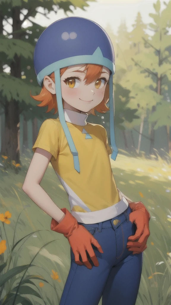 masterpiece, Highest quality, High resolution,
Soladef, One , alone, blush, smile, short hair, Orange Hair, Helmet, Orange eyes, Digimon,
yellow shirt, shirt, No sleeve, pants, jeans, Red gloves,
Cowboy Shot, View your viewers, Upright immobile posture, Outdoor, Grass, Field, forest, sunlight, null, blue null, 