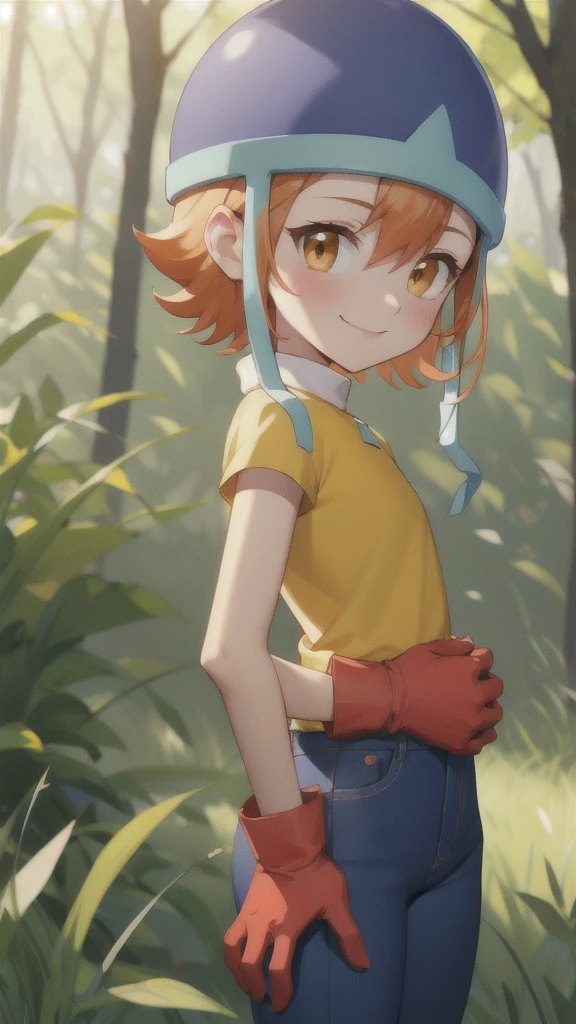 masterpiece, Highest quality, High resolution,
Soladef, One , alone, blush, smile, short hair, Orange Hair, Helmet, Orange eyes, Digimon,
yellow shirt, shirt, No sleeve, pants, jeans, Red gloves,
Cowboy Shot, View your viewers, Upright immobile posture, Outdoor, Grass, Field, forest, sunlight, null, blue null, 