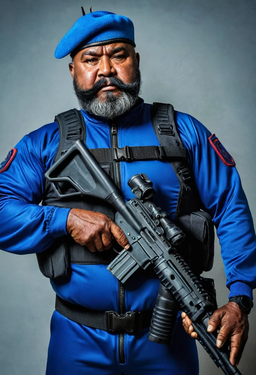 (a dark-skinned bearded fat old man in a bulky blue zipper diver suit) holding a gun and (wearing army beret on his head), muscular, Basuki Abdullah, sumatraism, action, a character portrait, heroic, fierce, snarling