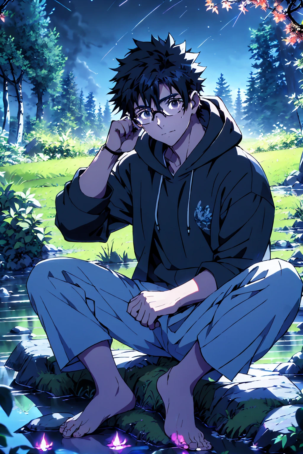 ((Highest quality)), ((masterpiece)), (detailed), Highest quality、High resolution、８K、Wearing a black hoodie、One adult male、33 years old、Dark Eyes、Black Hair、Japanese anime-like style、超High resolutionかわいい萌えアニメ8k、handsome face manly、Slender and muscular、Glasses、barefoot、sitting on a stone、Spread your legs、night、Forest landscape、lake、darkness、Surrounded by fireflieoonlight