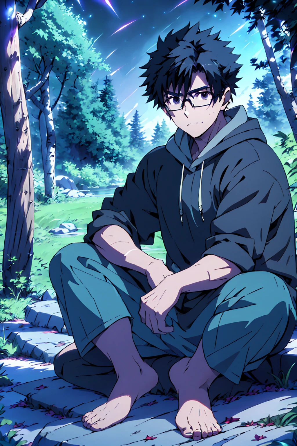((Highest quality)), ((masterpiece)), (detailed), Highest quality、High resolution、8K、Wearing a black hoodie、One adult male、33 years old、Dark Eyes、Black Hair、Japanese anime-like style、超High resolutionかわいい萌えアニメ8k、handsome face manly、Slender and muscular、Glasses、barefoot、sitting on a stone、Spread your legs、night、Forest landscape、lake、darkness、Surrounded by fireflieoonlight
