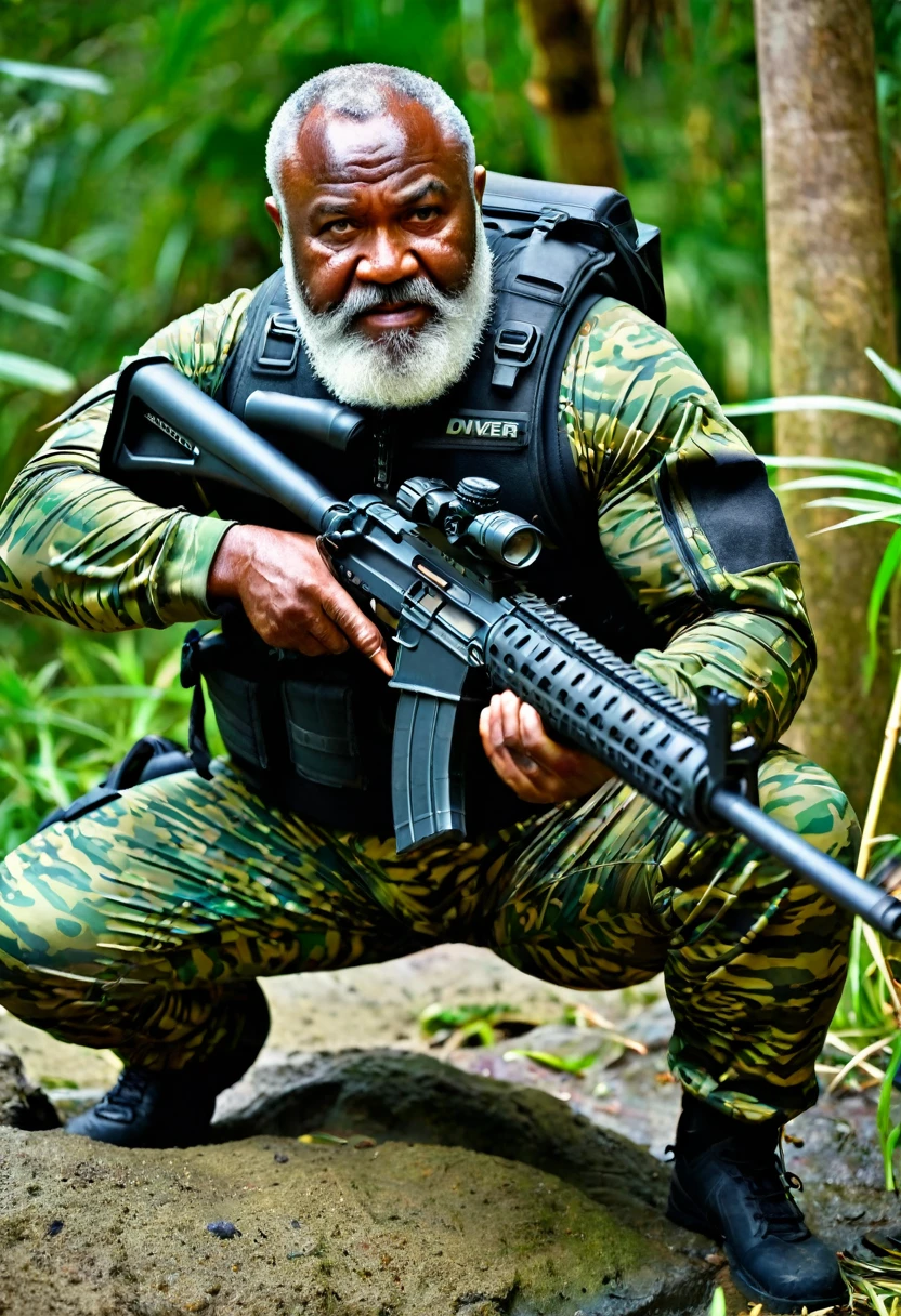 (a dark-skinned bearded fat muscular old man in a bulky army camouflage zipper diver suit), crouching shooting with sniper rifle, muscular, Bruce Onobrakpeya, sumatraism, stanley artgermm, action, heroic, fierce, furious
