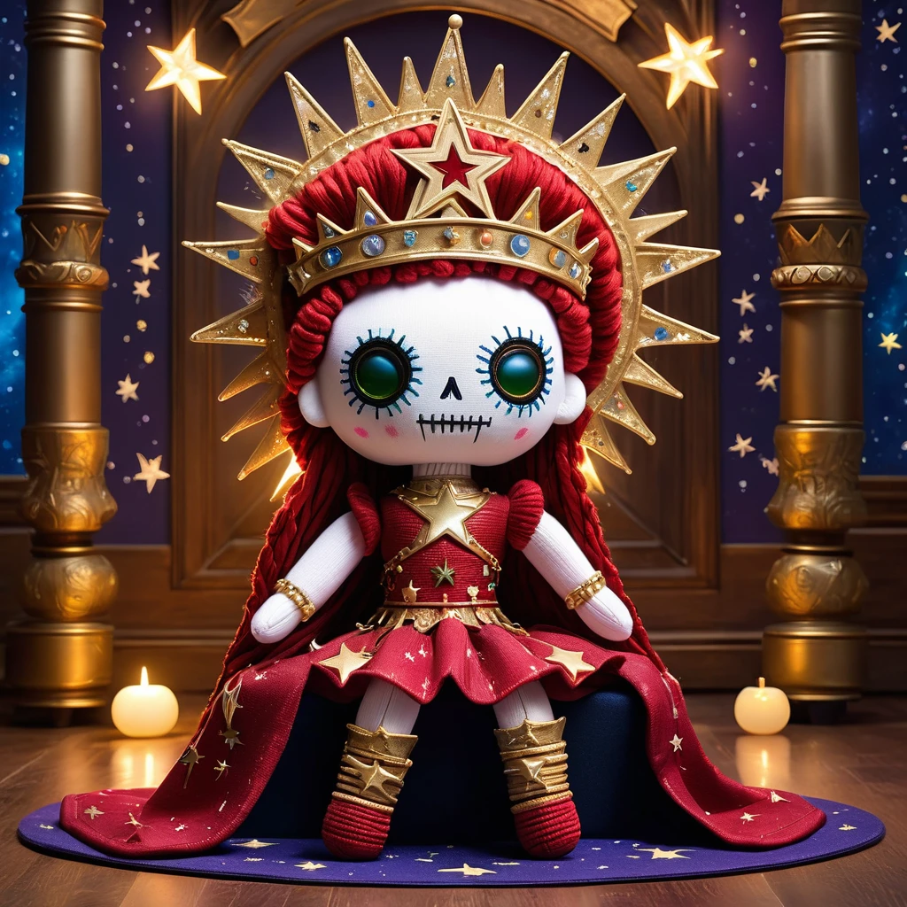(knitted toy voodoo doll:1.7), (Voodoo Moon Witch:1.3), (Clothing: silvery dress with lunar symbols, shimmering cloak with star patterns:1.0), (Accessories: moon staff, enchanted crystal ball, crescent moon tiara:1.2), (background: abandoned tower with a view of the moon and stars, mystical aura surrounding the scene:1.2), best quality, masterpiece, detailed soft oil painting, detailed background, dramatic cinematic lighting, soft edge lighting, professional, dramatic lighting, hard edge lighting, ultra quality, 4k,masterpiece, best quality, 8k, ultra highres, highres, extremely detailed