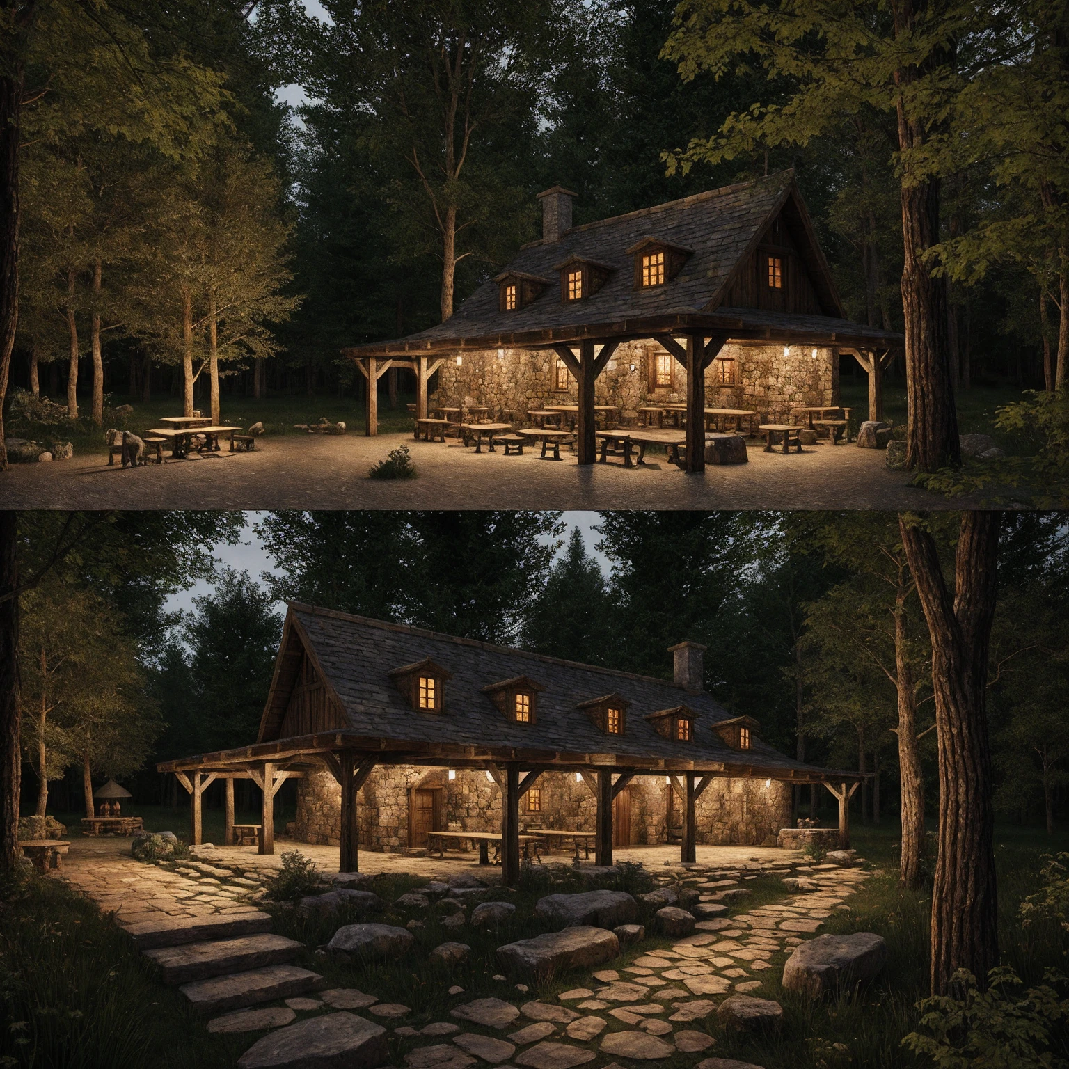 medieval tavern in the woods, thick forest, warm lighting, stone path,