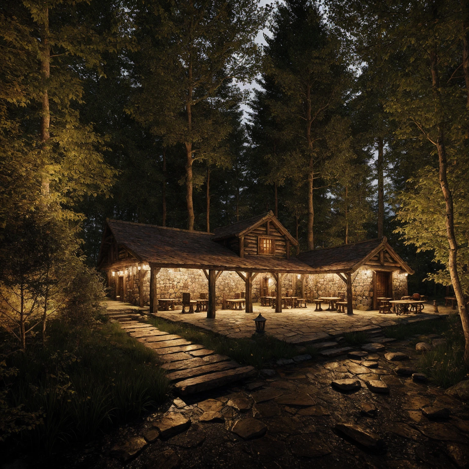 medieval tavern in the woods, thick forest, warm lighting, stone path,