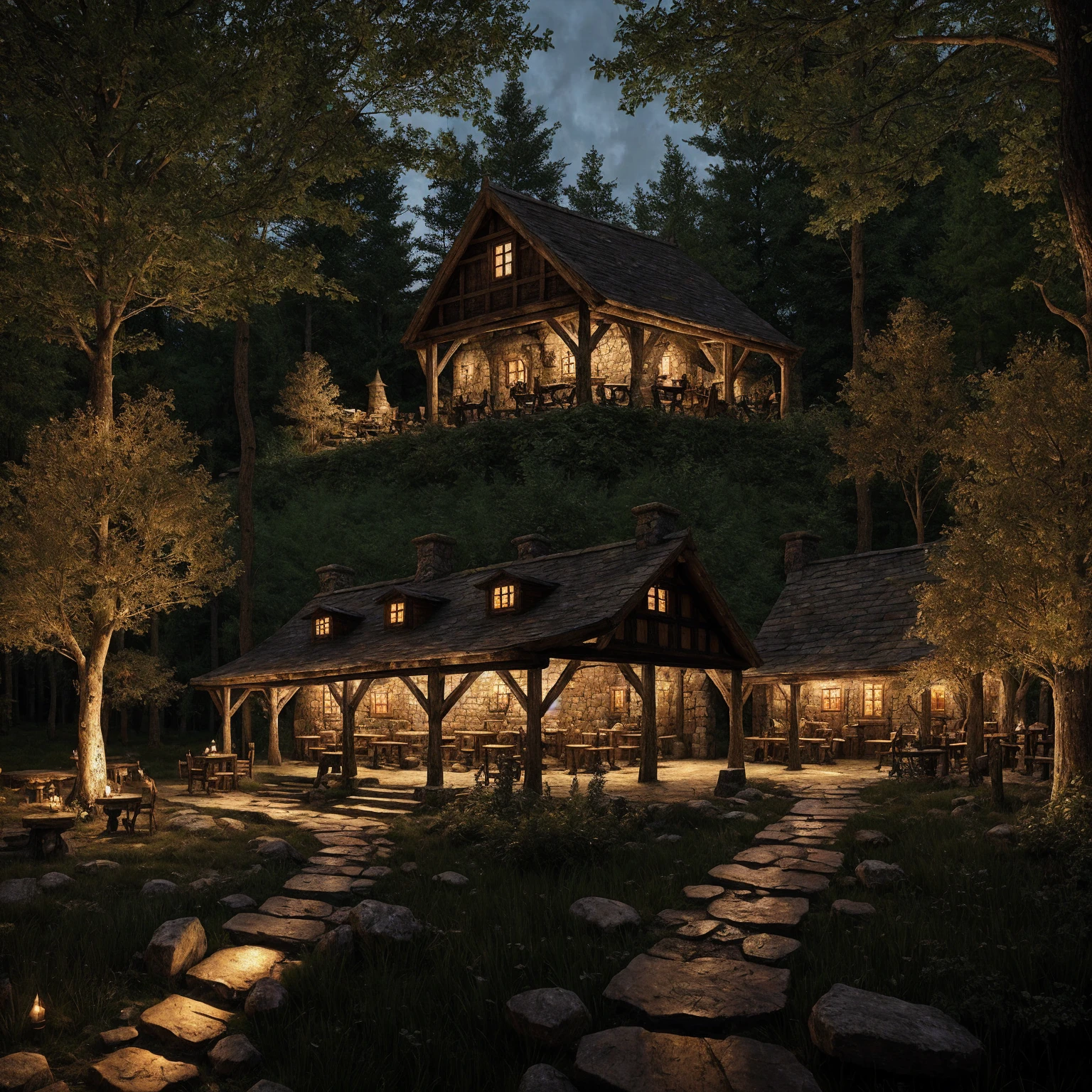 medieval tavern in the woods, thick forest, warm lighting, stone path,