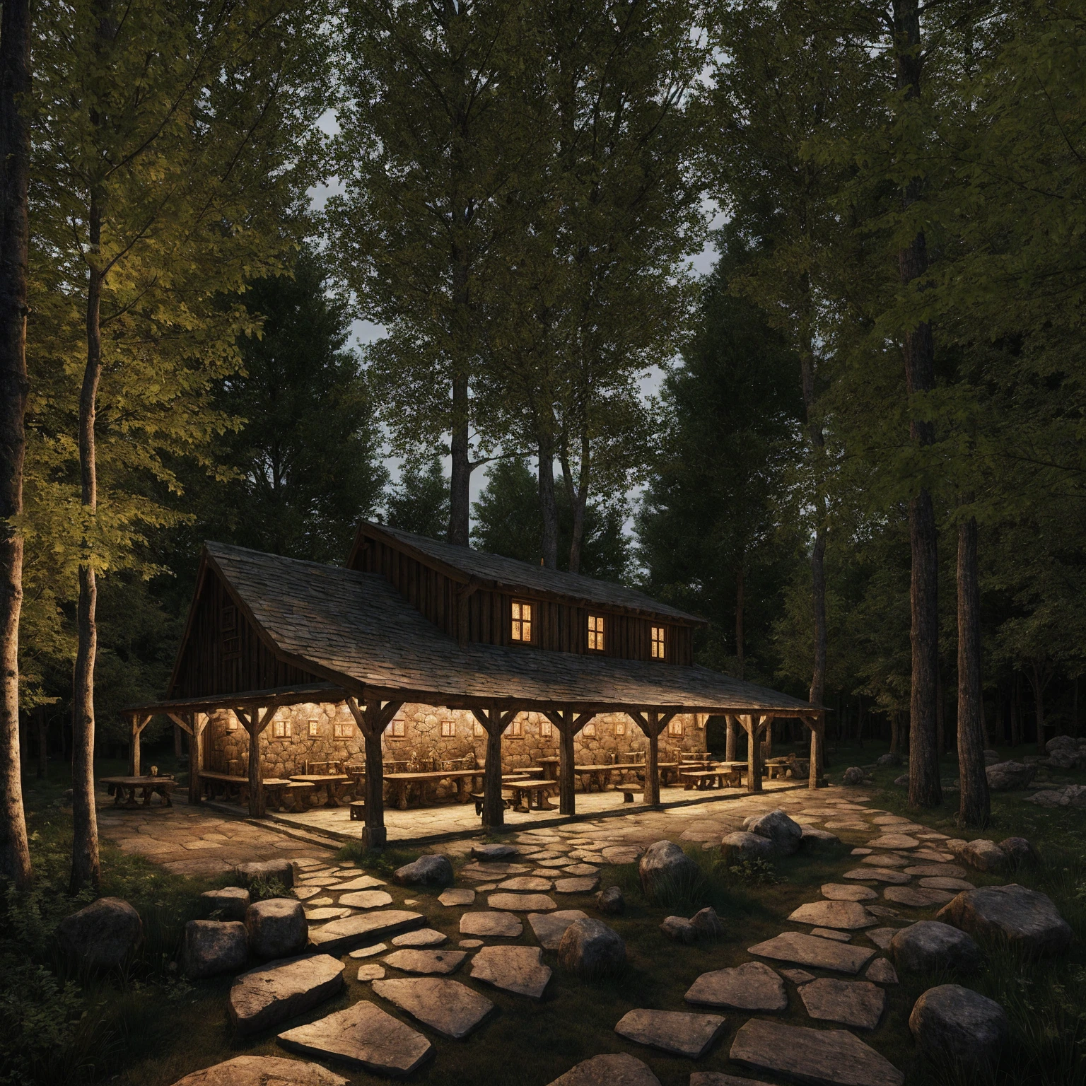 medieval tavern in the woods, thick forest, warm lighting, stone path,