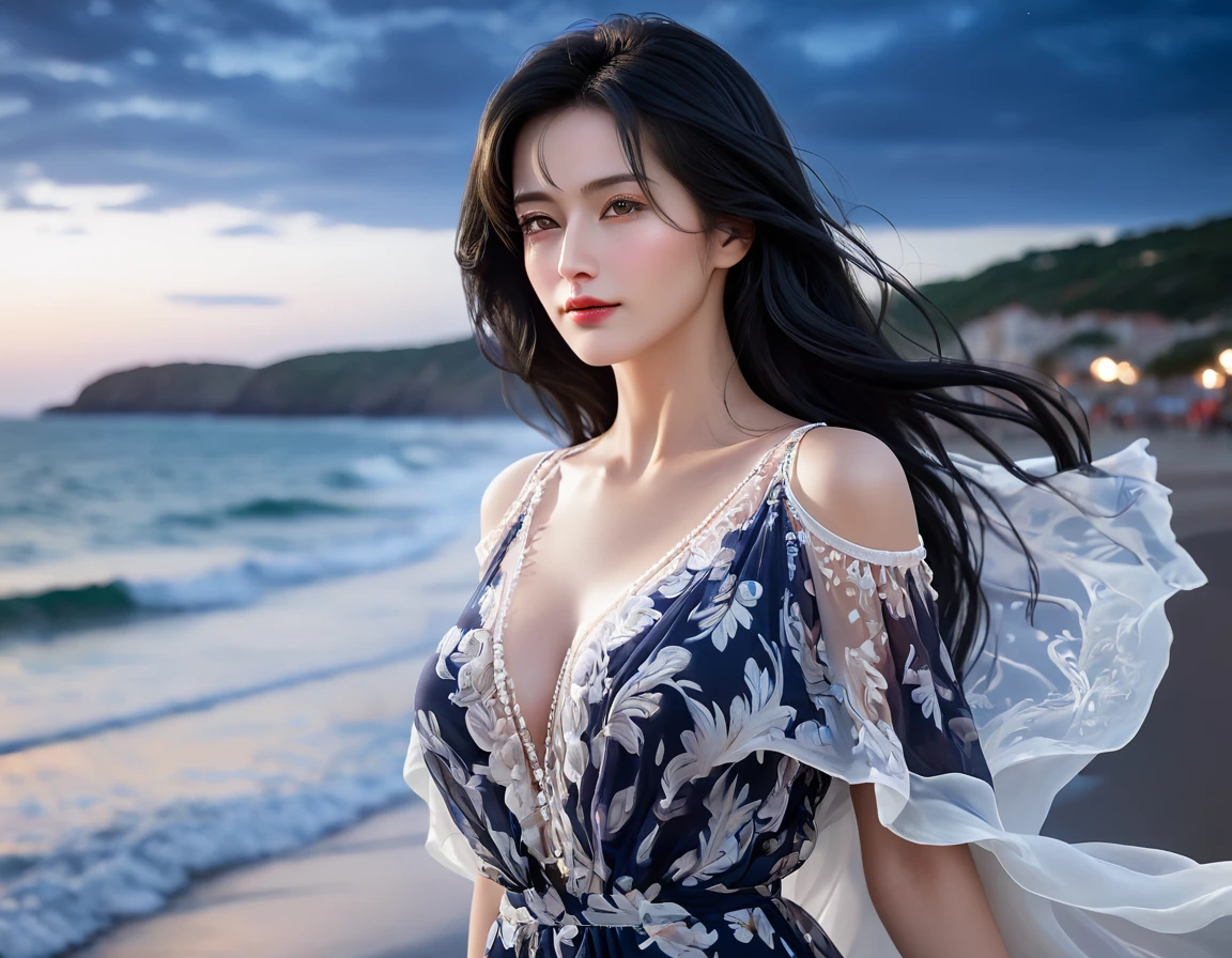 4K resolution,8K resolution,beautiful,Highest quality,Absolutely wonderful,Very detailed,Ultra-high resolution,masterpiece,(Realistic:1.5),(Realistic:1.5),Increased depth of field,Cinematic Light,
One elegant mature woman,
Long black hair,精巧なディテールのbeautiful顔,A face full of compassion,Moist eyes,Transparent white skin,Very sensitive skin,Great proportions,Glamorous Body,Anatomically correct body,
Elegant Summer Beach Dress,Cool design,Gorgeous and detailed pattern,Beautifully detailed pattern,Detailed cloth texture,Gorgeous necklace romantic seaside scenery,Dark night sky,Coastline stretching to the horizon,Deserted beach,Dark sea surface,
Cinematic Angle,