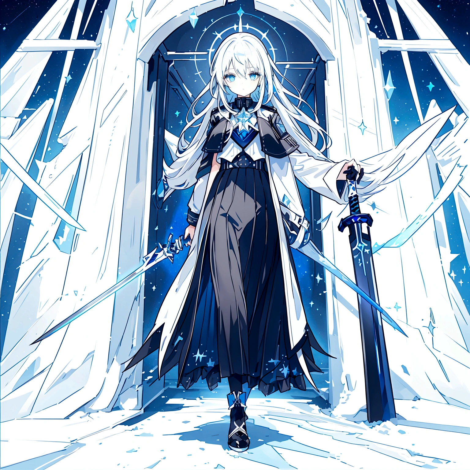 best quality, a girl with long bluish white hair, black leather jacket, black long skirt, blue eyes, walking under the starry sky, having a sword that made of ice, ice grows from beneath her feet