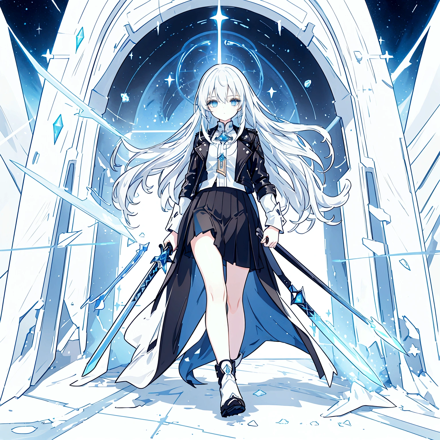 best quality, a girl with long bluish white hair, black leather jacket, black long skirt, blue eyes, walking under the starry sky, having a sword that made of ice, ice grows from beneath her feet
