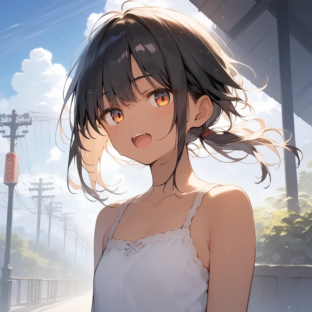 score_9, score_8_up, score_7_up, source_anime, best quality, masterpiece, official art, absurdres, highres, ultra-detailed,waifu2x,Collection: Slice of Life,break,1girl, tomboy, dark-skinned female, short hair, low ponytail, flat chest, beautiful detailed eyes, short shorts, sweat, open mouth, (yawn:0.3), sleepily, outdoors, wind, break,(clear line illustration:1.2),very high resolution, very aesthetic, super detailed skin, Best sexual lighting powered by famous artist, 8k,cute picture,beauty illustration,photoshop_(medium),,(Detailed Lighting),best anime 8k konachan wallpaper, pixiv contest winner,