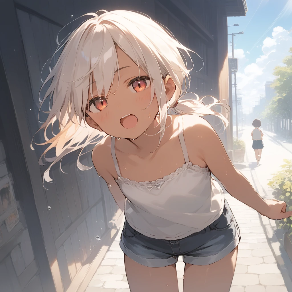 score_9, score_8_up, score_7_up, source_anime, best quality, masterpiece, official art, absurdres, highres, ultra-detailed,waifu2x,Collection: Slice of Life,break,1girl, tomboy, dark-skinned female, short hair, low ponytail, flat chest, beautiful detailed eyes, short shorts, sweat, open mouth, (yawn:0.3), sleepily, outdoors, wind, break,(clear line illustration:1.2),very high resolution, very aesthetic, super detailed skin, Best sexual lighting powered by famous artist, 8k,cute picture,beauty illustration,photoshop_(medium),,(Detailed Lighting),best anime 8k konachan wallpaper, pixiv contest winner, 