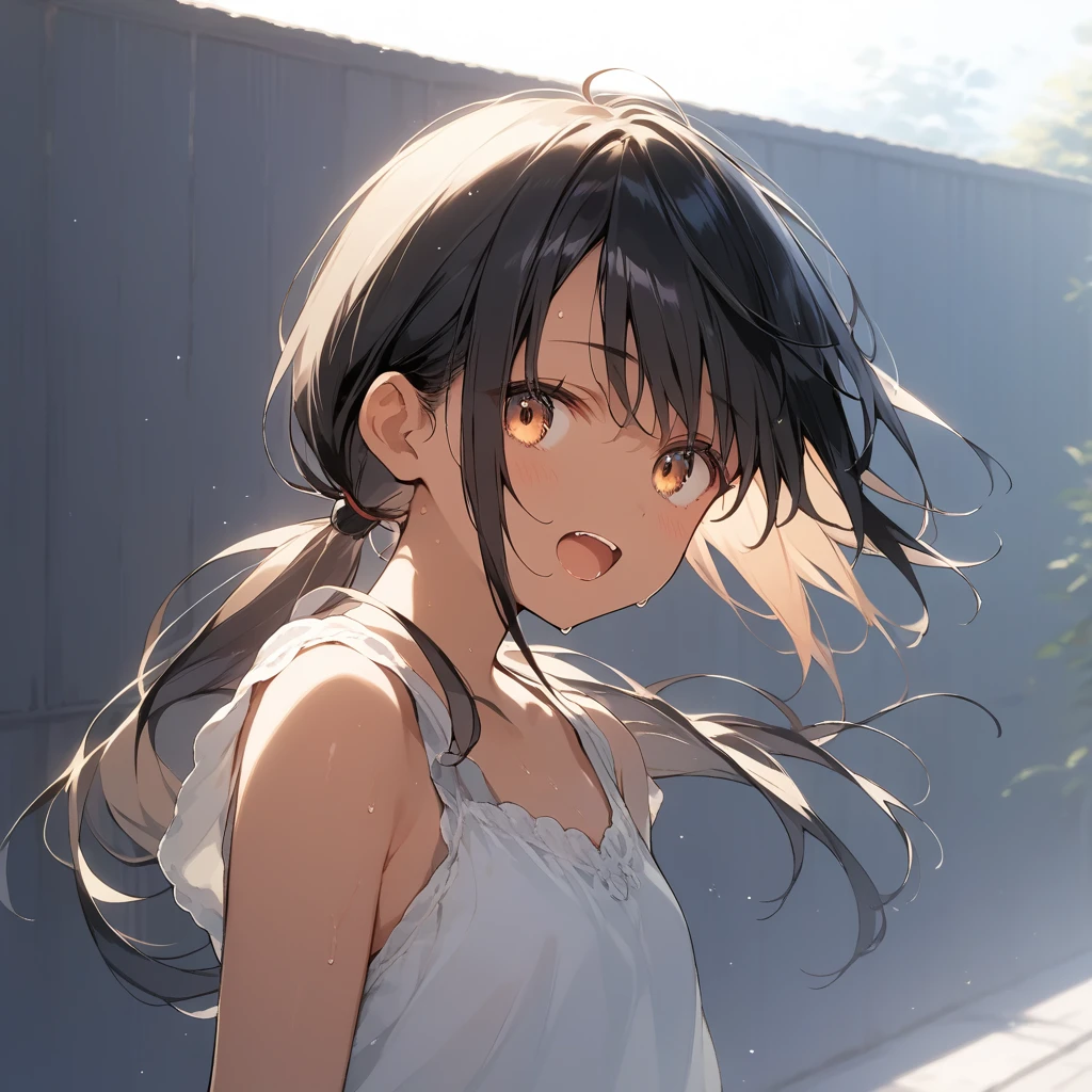 score_9, score_8_up, score_7_up, source_anime, best quality, masterpiece, official art, absurdres, highres, ultra-detailed,waifu2x,Collection: Slice of Life,break,1girl, tomboy, dark-skinned female, short hair, low ponytail, flat chest, beautiful detailed eyes, short shorts, sweat, open mouth, (yawn:0.3), sleepily, outdoors, wind, break,(clear line illustration:1.2),very high resolution, very aesthetic, super detailed skin, Best sexual lighting powered by famous artist, 8k,cute picture,beauty illustration,photoshop_(medium),,(Detailed Lighting),best anime 8k konachan wallpaper, pixiv contest winner,