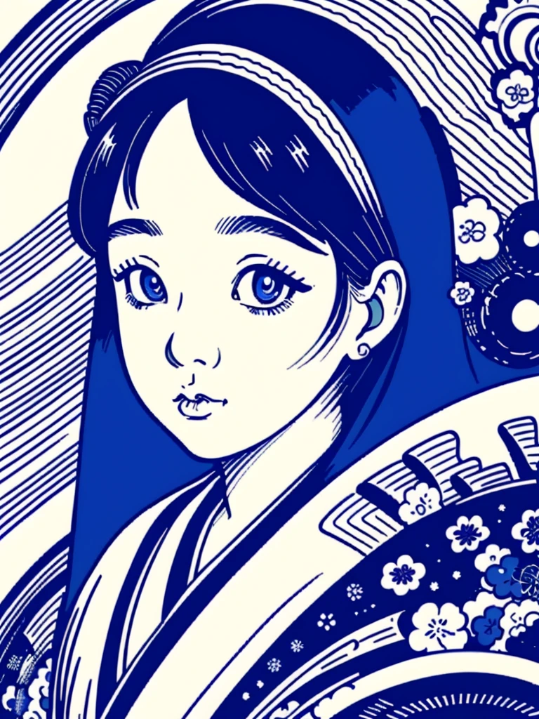 illustration of a traditional japanese girl, kimono, fancy hair, abstract and contemporary style, ((detailed and expressive eyes)), fine line art style, accent shading, blue pen only, traditional style