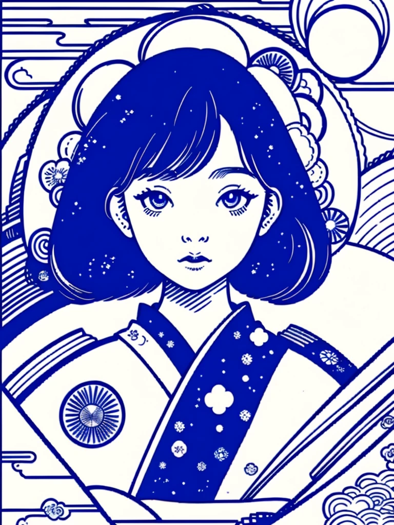 illustration of a traditional japanese girl, kimono, fancy hair, abstract and contemporary style, ((detailed and expressive eyes)), fine line art style, accent shading, blue pen only, traditional style