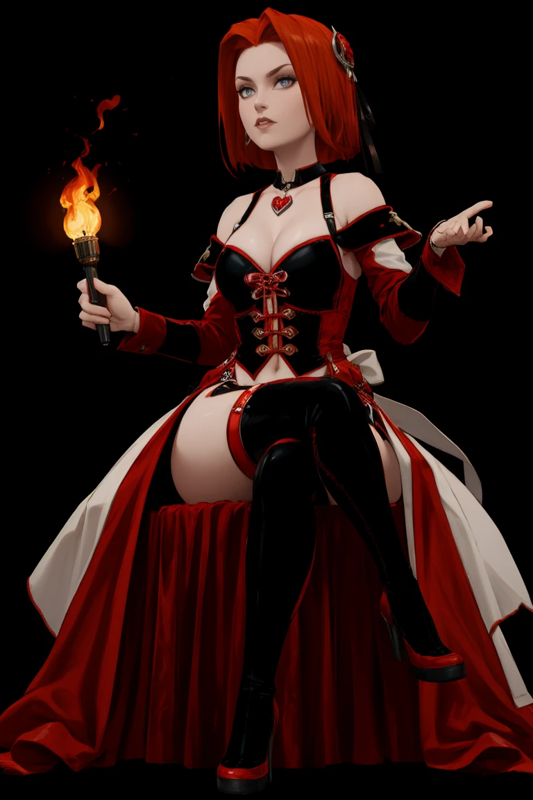 score_9, score_8_up, score_7_up, 1 girl, rayneclassic, red hair, short hair, seducing viewer, hearts, posing, suggestive pose, sitting on throne, solo, hearts, white royal dress, off shoulder, roses, legs up, from below, air of superiority, crossed legs, golden tiara, flowers, plants, night time, torches