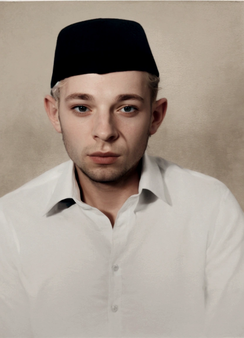 arafed portrait of a man with a black hat and white shirt,