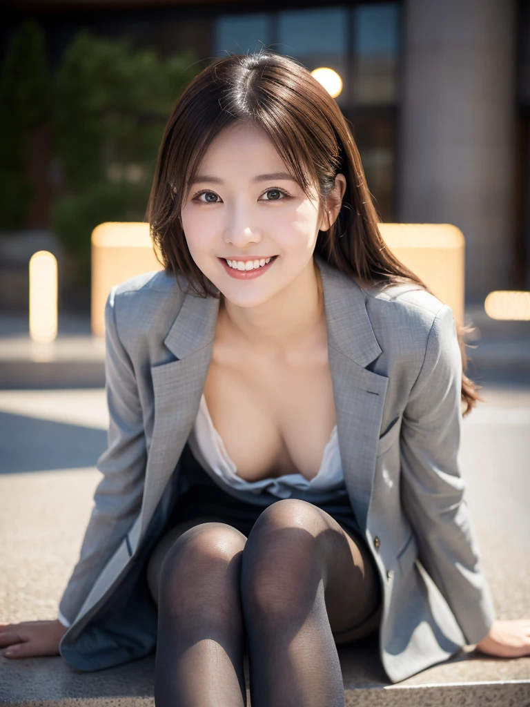 8k, (Raw photo:1.2), (Photorealsitic), Beautiful detailed, Famous popular actresses、 (Real: 1.4), extremely detailed eye and face, beatiful detailed eyes, ((Dazzling night illumination plaza:1.2)), ((Women's Suits:1.3, Ultra-realistic pantyhose:1.2))、selfee、Instagram、harsh trial, Please look at the camera and raise your hand、huge filesize, hight resolution, ighly detailed, top-quality, [​masterpiece:1.6], illustratio, ighly detailed, nsfw, finely detail, top-quality, 8k wallpaper, Cinematographic lighting, 1 milf, 19 year old, perfect body type, Beautiful big drooping eyes、Pieckfinger, ((masutepiece)), Best Quality, eye shadow,  high-heels、Portrait、(Very affectionate smile:1.2)、realistic skin textures、shinny skin、Exposed thighs, low angle photo, inverted nipples,