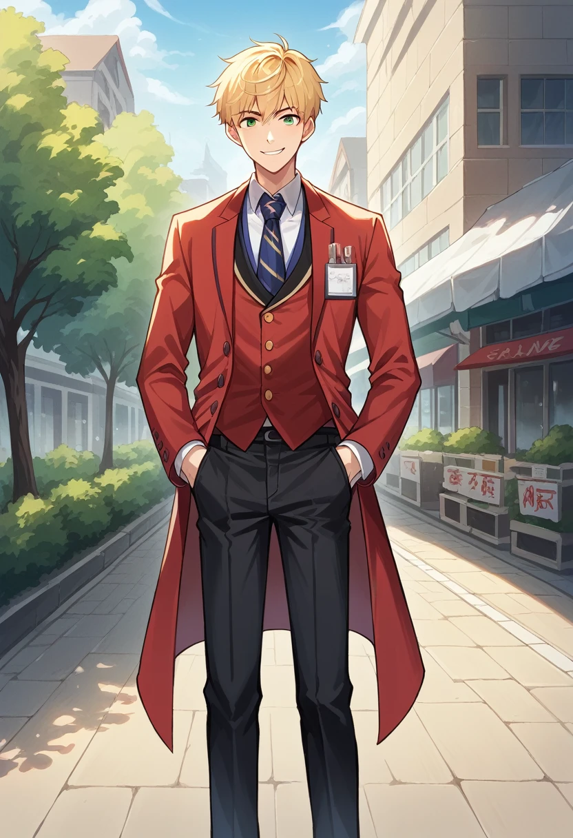 score_9, score_8_Excellent, score_7_Excellent, sauce_Anime BREAK 1 Boy, alone, Male Focus, Part 1 Lian, Blonde, , Red Blazer, tie, Black trousers, Outdoor, Are standing, Put your hands in your pockets, View your audience, smile