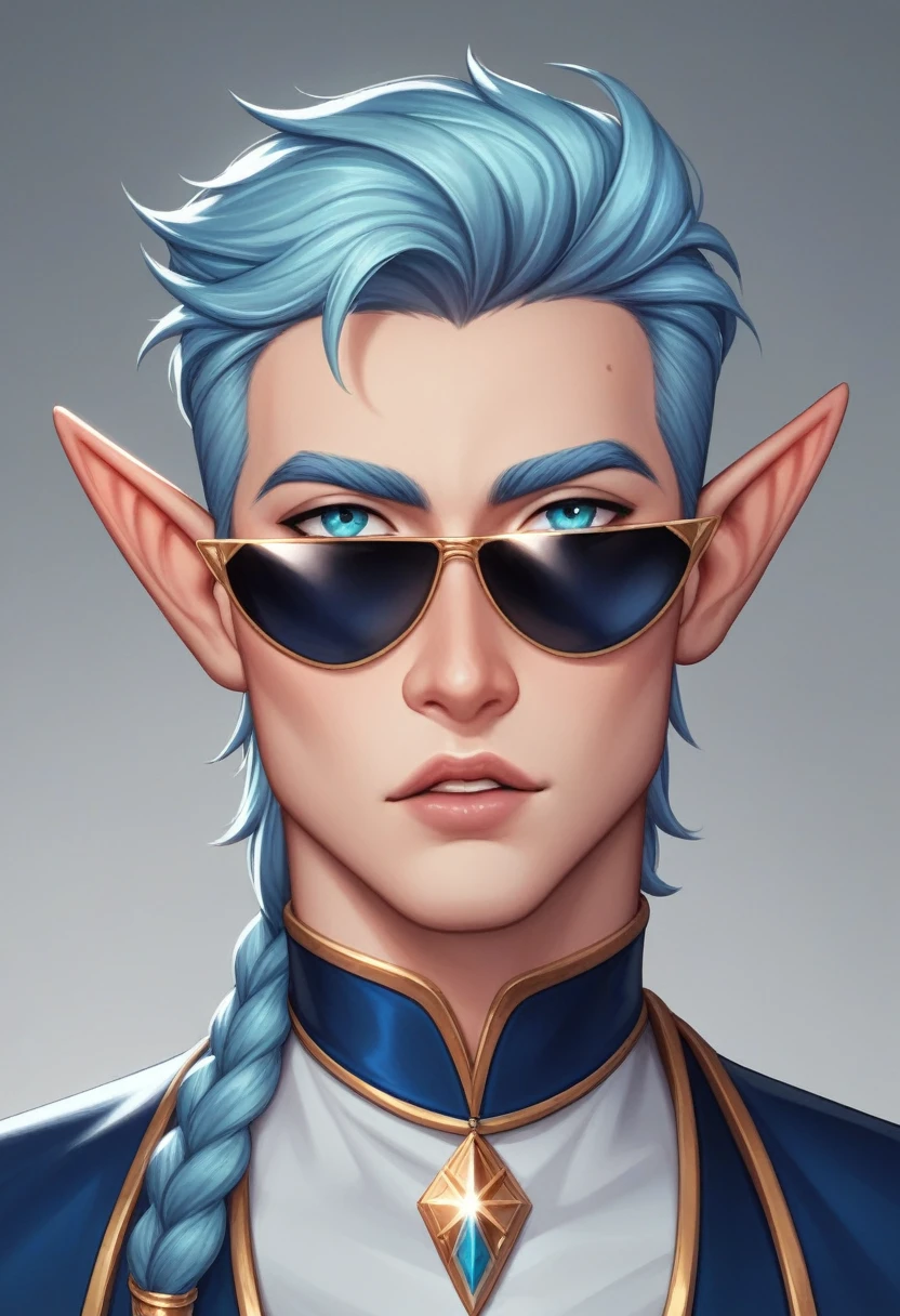 A 17-year-old male elf with an ectomorph build, light olive skin, and long, iridescent hair that shimmers between shades of turquoise and lavender, styled in an elaborate braid. His diamond-shaped face is captivating, with almond-shaped eyes that glow a vibrant, unnatural green, adding an otherworldly charm. His lips are thin, subtly tinted a pale blue, set beneath a small, aquiline nose that gives him a regal look. His narrow, high-arched eyebrows are silver, catching the light and adding to his ethereal appearance. The unique features of his face are accentuated by a delicate pattern of luminescent freckles that sparkle softly in the dark, creating an enchanting, almost magical aura around him. He is dressed in a flowing, midnight-blue mantle adorned with intricate silver embroidery, which shimmers like starlight, adding to his mystical and enchanting presence.