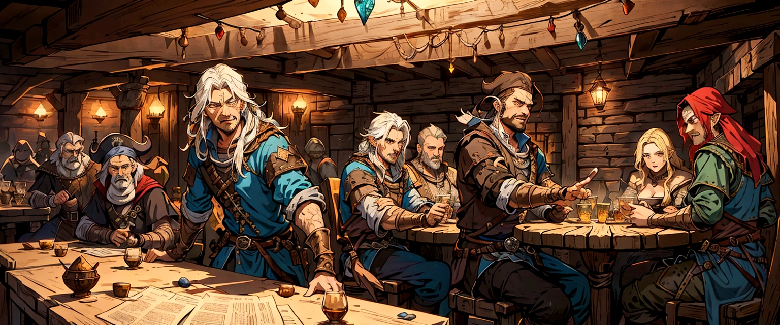 arafed image of a group of people sitting around a table, pirates in a tavern, roleplaying game art, inside a tavern, by Aleksander Gine, a multidimensional cozy tavern, lawther sit at table playing dnd, cultists watching, tavern background, rpg scene, dnd , medieval d&d mood, rpg illustration, in the pub