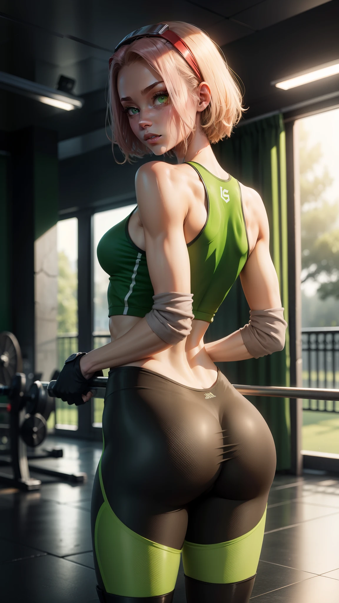 Skinny with green eyes skinny tall in the gym, in tights like bicycle shorts, damp wet skin. beautiful skinny ass.