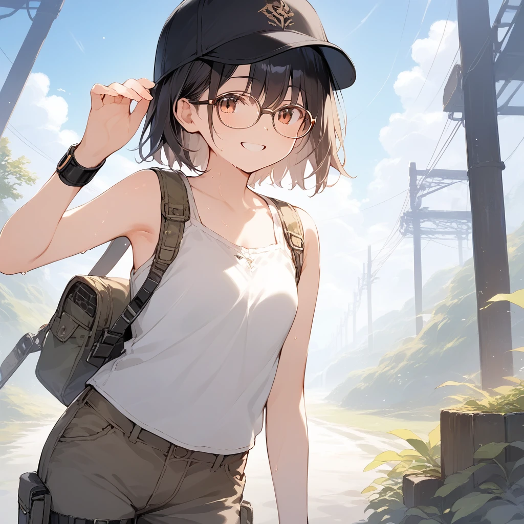 score_9, score_8_up, score_7_up, source_anime, best quality, masterpiece, official art, absurdres, highres, ultra-detailed,waifu2x,Collection: Slice of Life,break,1girl, fantasy world, short hair, glasses, small breasts, cap, tank top, cargo pants, sweat, smile, outdoors, wind, break,(clear line illustration:1.2),very high resolution, very aesthetic, super detailed skin, Best sexual lighting powered by famous artist, 8k,cute picture,beauty illustration,photoshop_(medium),,(Detailed Lighting),best anime 8k konachan wallpaper, pixiv contest winner,