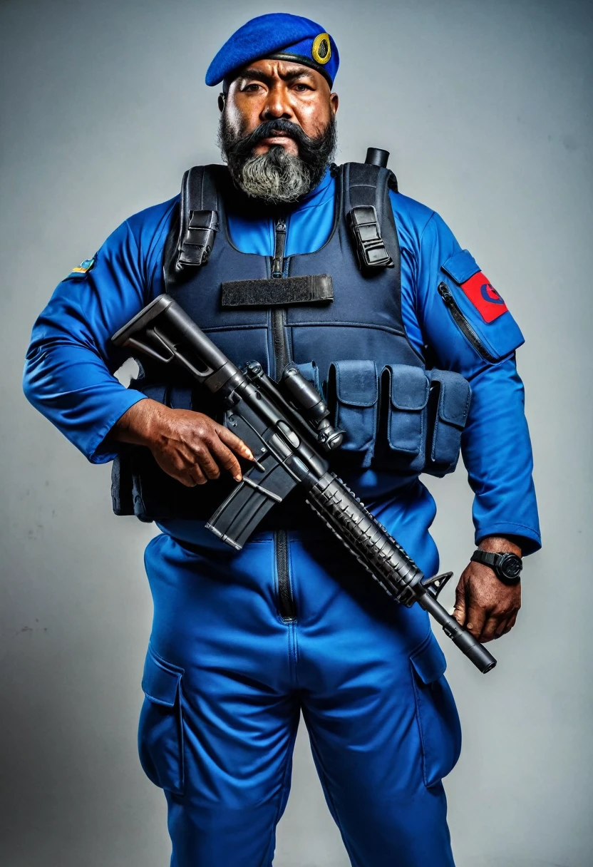 (a dark-skinned bearded fat old man in a bulky blue zipper diver suit) holding a gun and (wearing army beret on his head), muscular, Basuki Abdullah, sumatraism, action, a character portrait, heroic, fierce, snarling