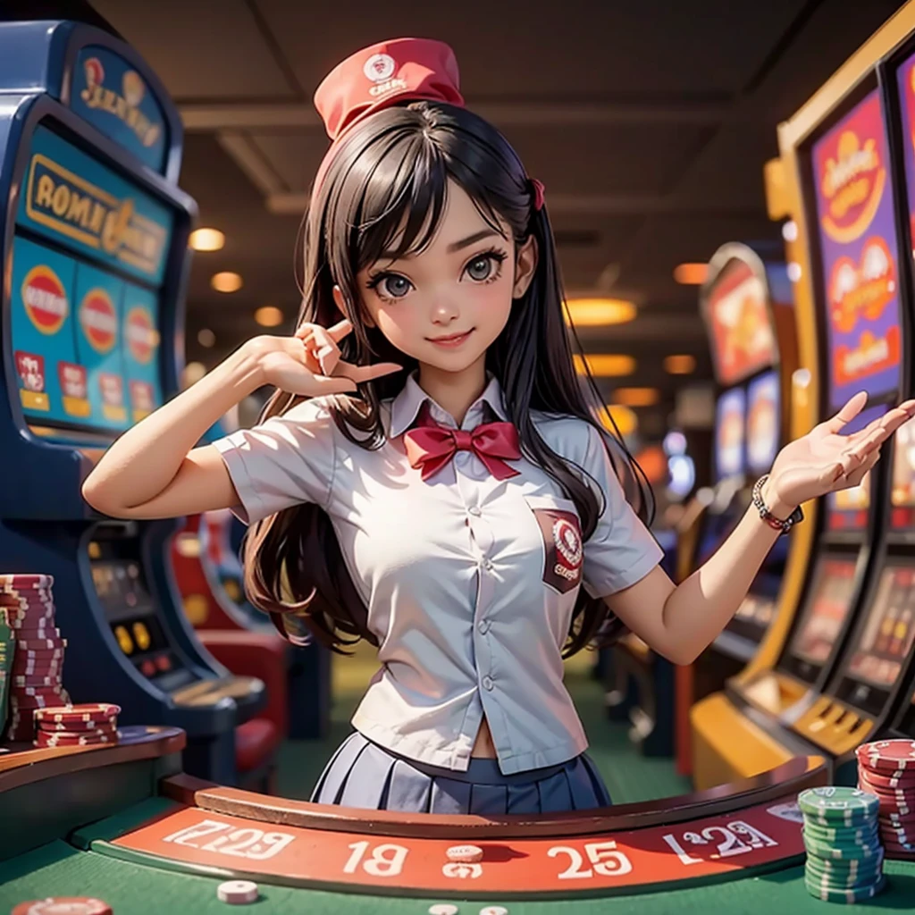 happy and smile, {{indonesian girl}}, {wearing high school uniform}, teasing and waiting customer play, standing, playing in casino, red casino background, polite and kind, Sweet Face, roulette table, poker table, big slot machines right and left, win jackpot, {{no headwear}}, private casino, crowded gambling area in background, so crowded, so many people, las vegas, american,