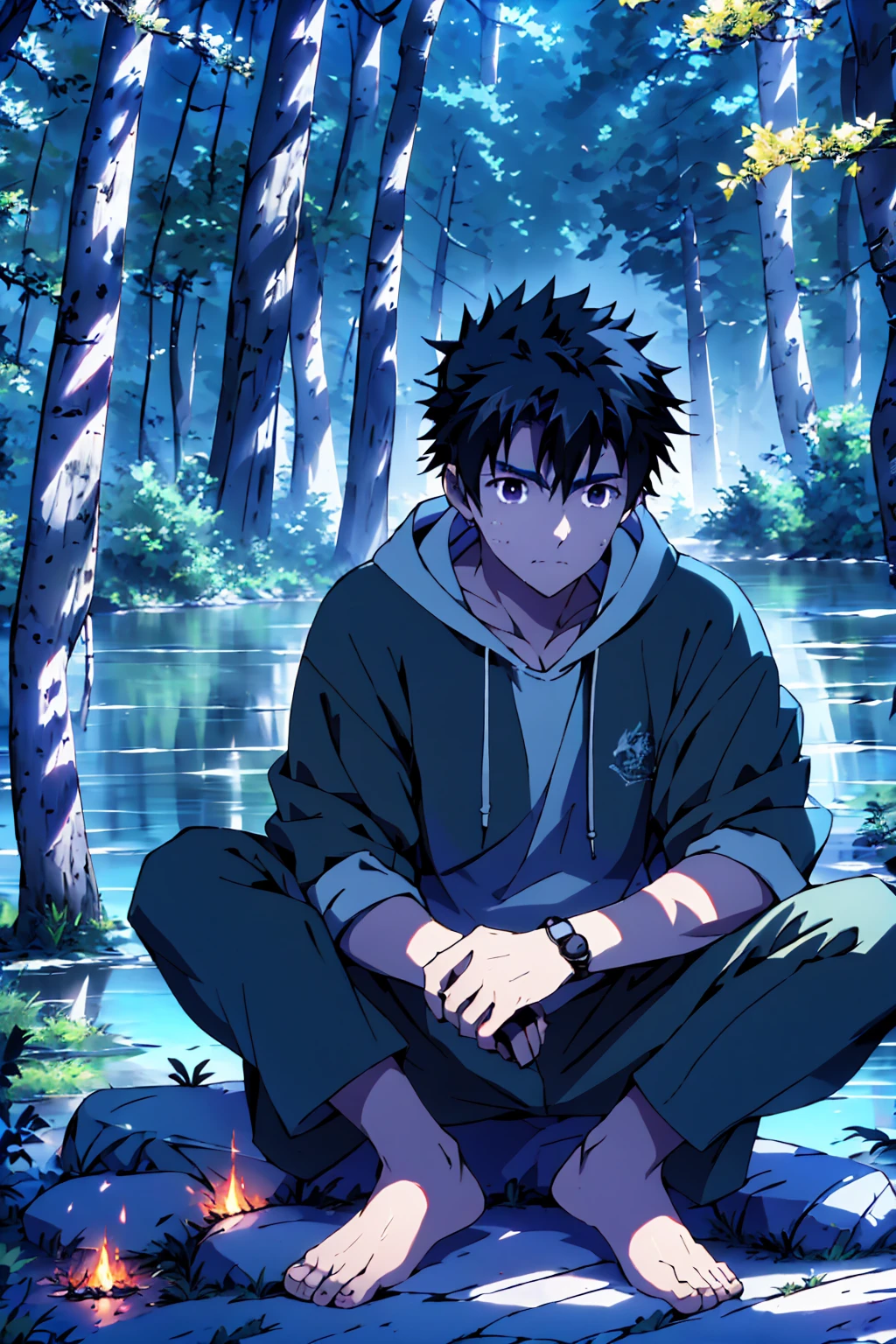 ((Highest quality)), ((masterpiece)), (detailed), Highest quality、High resolution、8K、Wearing a black hoodie、One adult male、33 years old、Dark Eyes、Black Hair、Japanese anime-like style、超High resolutionかわいい萌えアニメ8k、handsome face manly、Slender and muscular、barefoot、sitting on a stone、Spread your legs、night、Forest landscape、lake、darkness、Surrounded by lots of fireflieoonlight