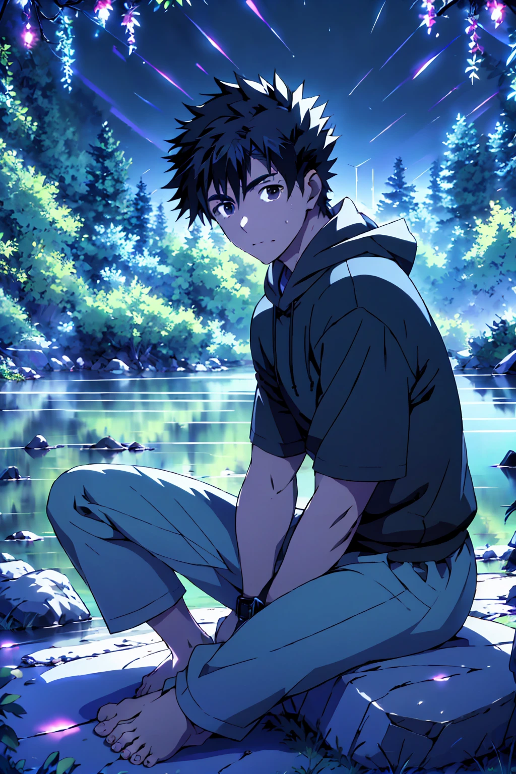 ((Highest quality)), ((masterpiece)), (detailed), Highest quality、High resolution、8K、Wearing a black hoodie、One adult male、33 years old、Dark Eyes、Black Hair、Japanese anime-like style、超High resolutionかわいい萌えアニメ8k、handsome face manly、Slender and muscular、barefoot、sitting on a stone、Spread your legs、night、Forest landscape、lake、darkness、Surrounded by lots of fireflieoonlight