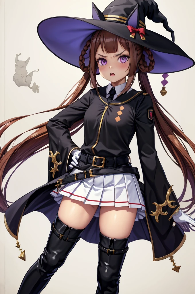 masterpiece, High detail, Fine hand,
stand, rage, Move,  Being spoiled , Witch&#39;s House, Portraiture,
Sweep Tosho \(umamusume\),Witch Hat, Black Hat, Black tie, collaRed Shirt, Red Shirt, White gloves, Wide sleeves, Black jacket, Black Robe, buckle, belt, White Skirt, Pleated skirt, Black knee socks, Thigh-high boots, Black footwear, High heel boots
