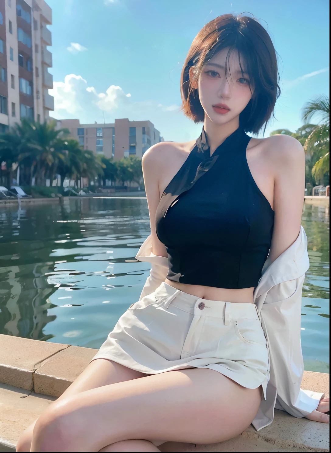 Beautiful woman with perfect figure:1.4,Swimming background,Desert Background,Ultra-high resolution,Seductive laughter,wear glasses,White legs,(lifelike:1.4),Layered Hairstyle,White skin,Black mini pleated skirt,whole body,Very delicate face and skin texture,Double eyelids,Skin Whitening,Long hair,White hair,White,