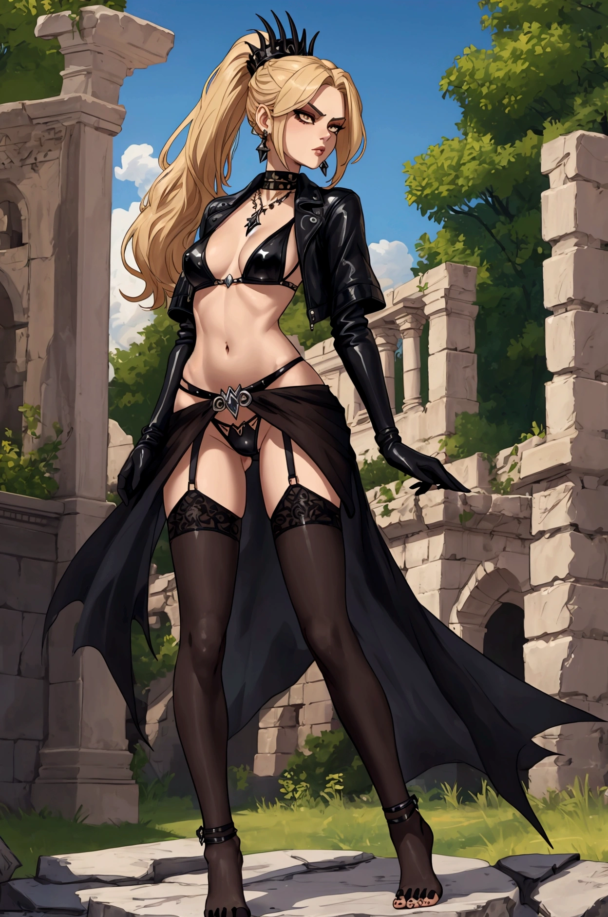 Very tall, slim milf; demon queen; blonde hairs and incredible long ponytail; strong goth makeup; brown eyes; small firm,pointy breast; sensual midriff; wearing jewelery, necklace, earrings, transparent black bikini top, short leather jacket, visible fancy thong strings; gloves, rings, ancient ruins, best quality, expressive eyes, perfect face, masterpiece, slim body, very long legs, detailed stomach, detailed hips, detailed legs, carefully drawn toes, carefully drawn feet, carefully drawn hands, best quality, drawn with careful, Dynamic Angle, Highly detailed, seductive eyes