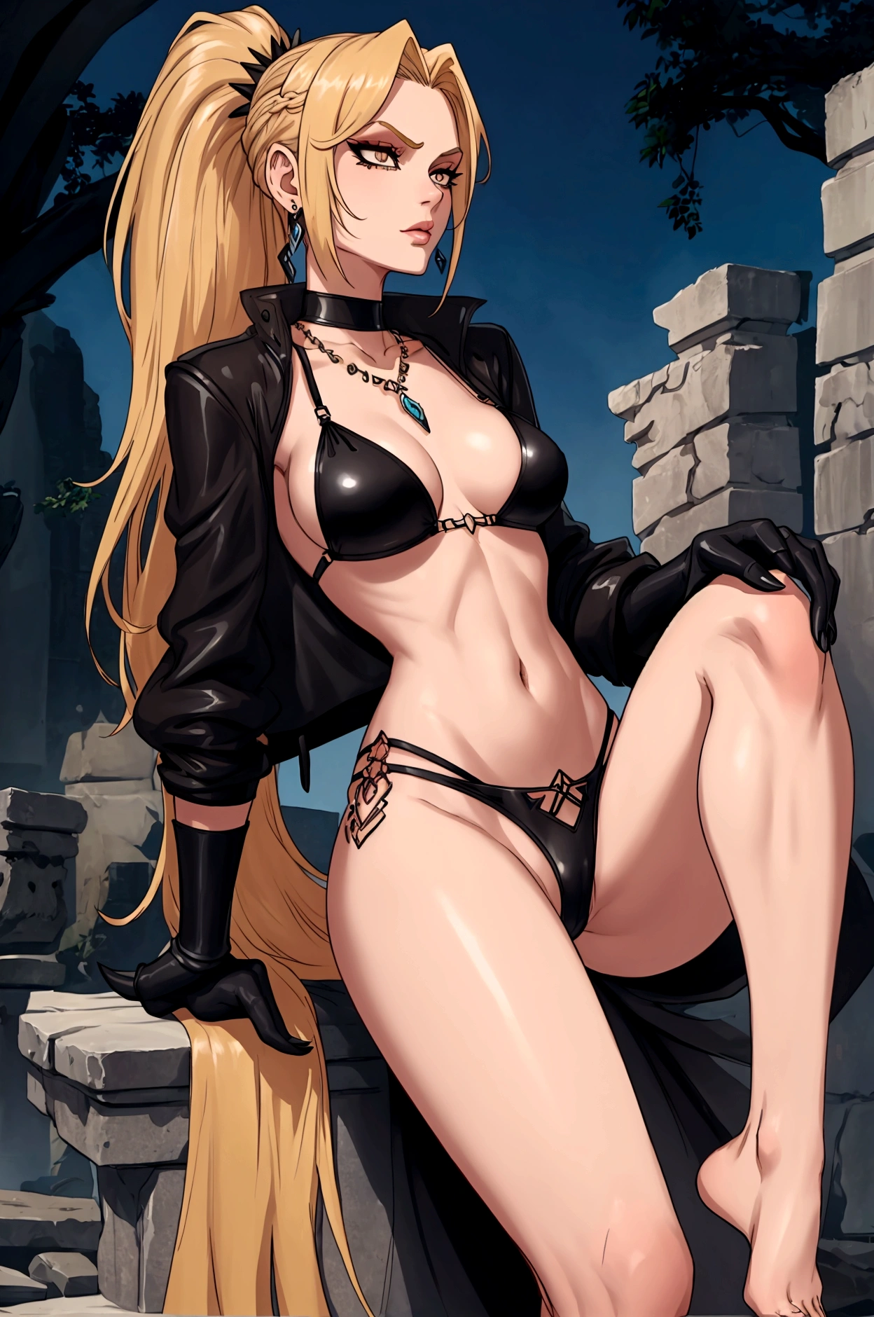 Very tall, slim milf; demon queen; blonde hairs and incredible long ponytail; strong goth makeup; brown eyes; small firm,pointy breast; sensual midriff; wearing jewelery, necklace, earrings, transparent black bikini top, short leather jacket, visible fancy thong strings; gloves, rings, ancient ruins, best quality, expressive eyes, perfect face, masterpiece, slim body, very long legs, detailed stomach, detailed hips, detailed legs, carefully drawn toes, carefully drawn feet, carefully drawn hands, best quality, drawn with careful, Dynamic Angle, Highly detailed, seductive eyes