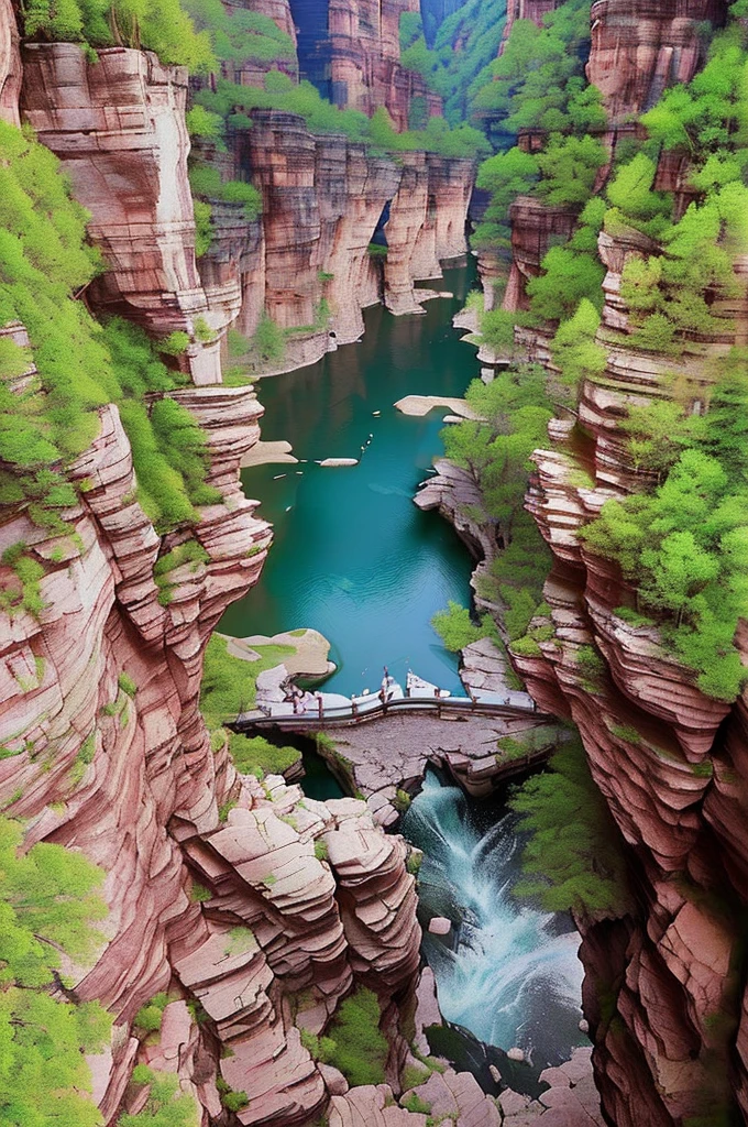 a view of a river running through a canyon surrounded by trees, Unbelievably beautiful, baotou china, Beautiful nature, ( Visually stunning, qiangshu, Beautiful images, The above points, Waterfalls and lakes, canyon, Very extremely beautiful, Stunning sight, scenery is beautiful, Xianxia, By An Zhengwen, very scenery is beautiful, 山中canyon