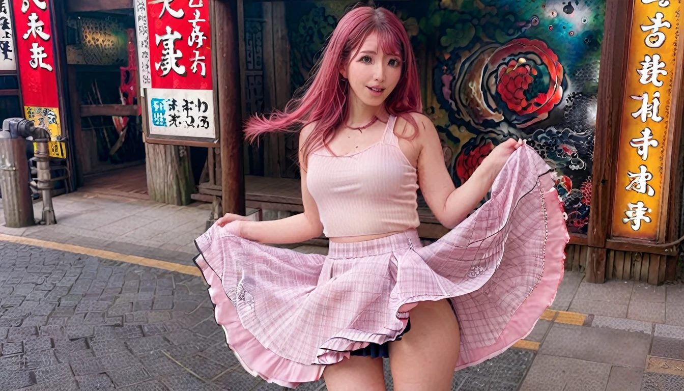 Tokyo, Kabukicho, Long hair fluttering in the wind, Pink Hair, HD, skirt,figure。