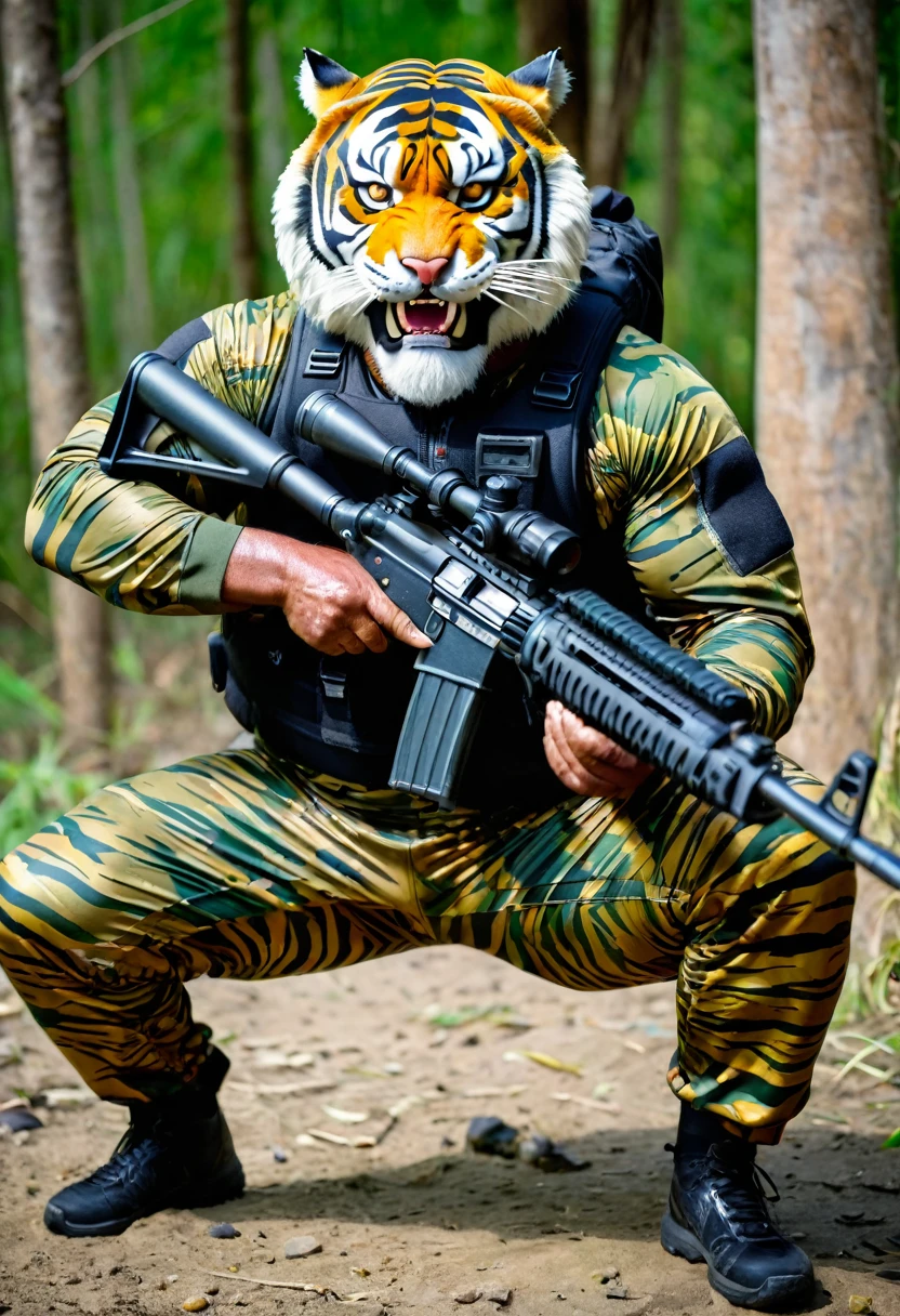 (a dark-skinned bearded fat muscular old man in a bulky army camouflage zipper diver suit), and (wearing realistic roaring siberian tiger mask) and crouching shooting with sniper rifle, muscular, Bruce Onobrakpeya, sumatraism, stanley artgermm, action, heroic, fierce, furious