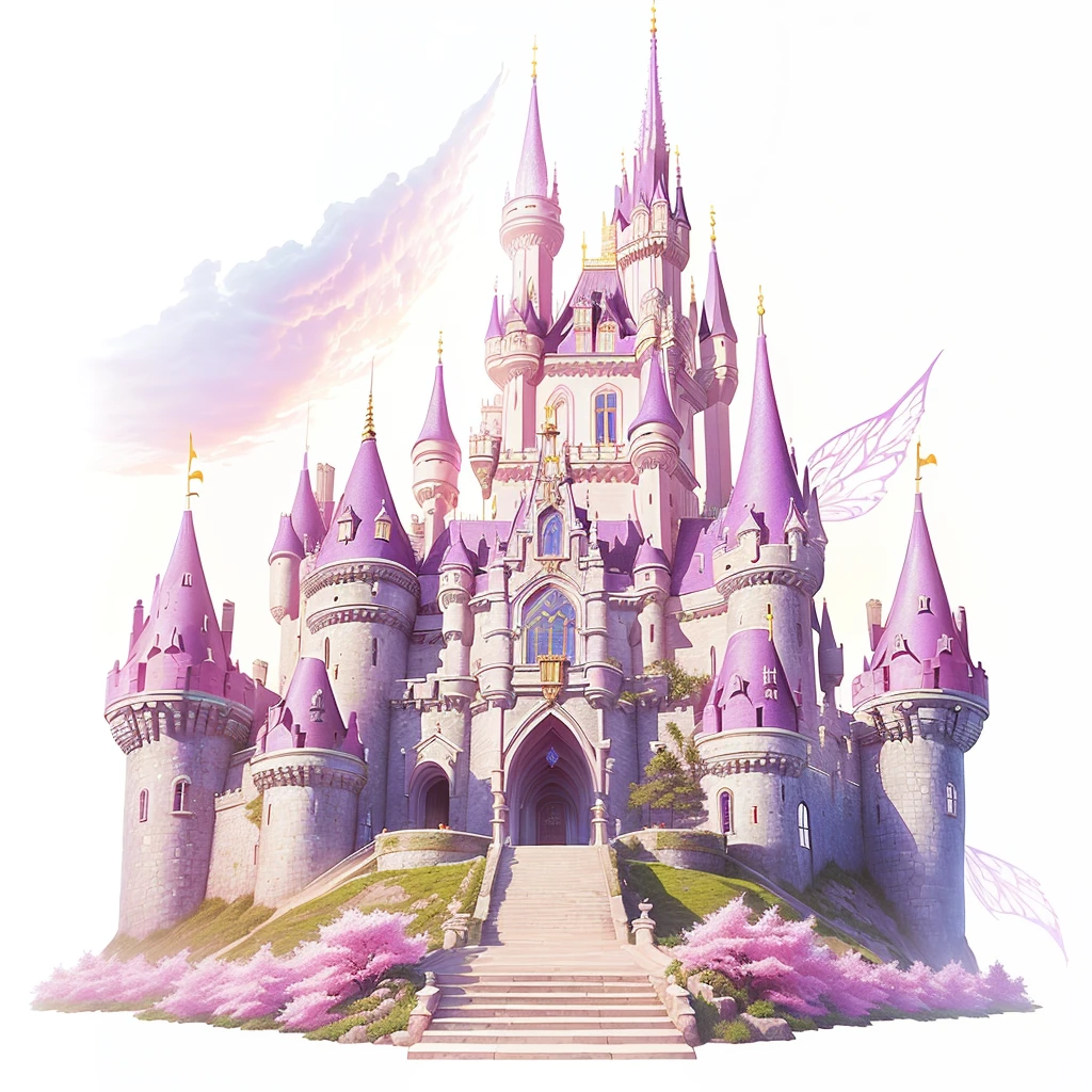 a close up of a castle with a staircase leading to it, beautiful castle, fairy tale风格背景, magical castle, fantasy castle, dark pastel castle background, background is disneyland castle, castle background, castle, beautiful render of a fairy tale, Princess, flying cloud castle, fairy tale般的地方, Immortal Palace, medieval castle on background, fantasy fairy tale story, fairy tale, flying castle