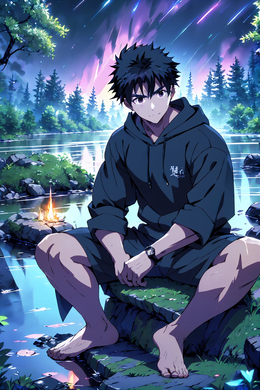 ((Highest quality)), ((masterpiece)), (detailed), Highest quality、High resolution、８K、Wearing a black hoodie、One adult male、33 years old、Dark Eyes、Slightly permed black hair、Japanese anime-like style、超High resolutionかわいい萌えアニメ8k、handsome face manly、Slender and muscular、barefoot、sitting on a stone、Spread your legs、night、Forest landscape、lake、darkness、Surrounded by lots of fireflieoonlight