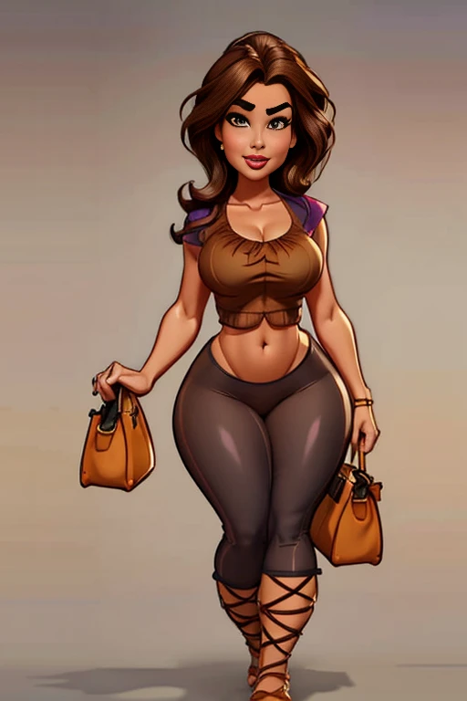 Digital drawing of a woman with short dark brown hair, thick eyebrows, large brown eyes, upturned nose, sexy and full lips, Fitness Body, blue blouse with an emphasis on the neckline up to the navel, wearing a shawl, tight cream body pants, with a bag hanging on her left arm, wearing brown sandals, 8k, Pixar style