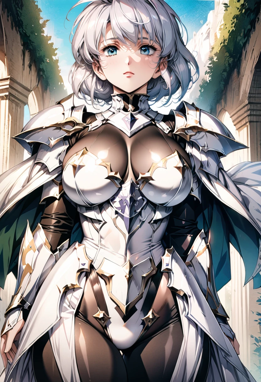 ((highest quality)), ((masterpiece)), ((hyperrealistic)), (detailed background), shoot from below, anime style, solo, 1girl, ((curvy: 1.2)), kawaii, ((armor dress: 1.3)), silver short hair, ahoge, (white paladin armor), ((high neck leotard bodysuit)), ((large breasts)), ((arm guard gauntlet)), (half cup breastplate), waist armor, ((see-through black bodystocking)), (big butt), perfect cloak, beautiful aqua eyes, perfect face, Perfect hands, perfect fingers, Blue sky and grassland,