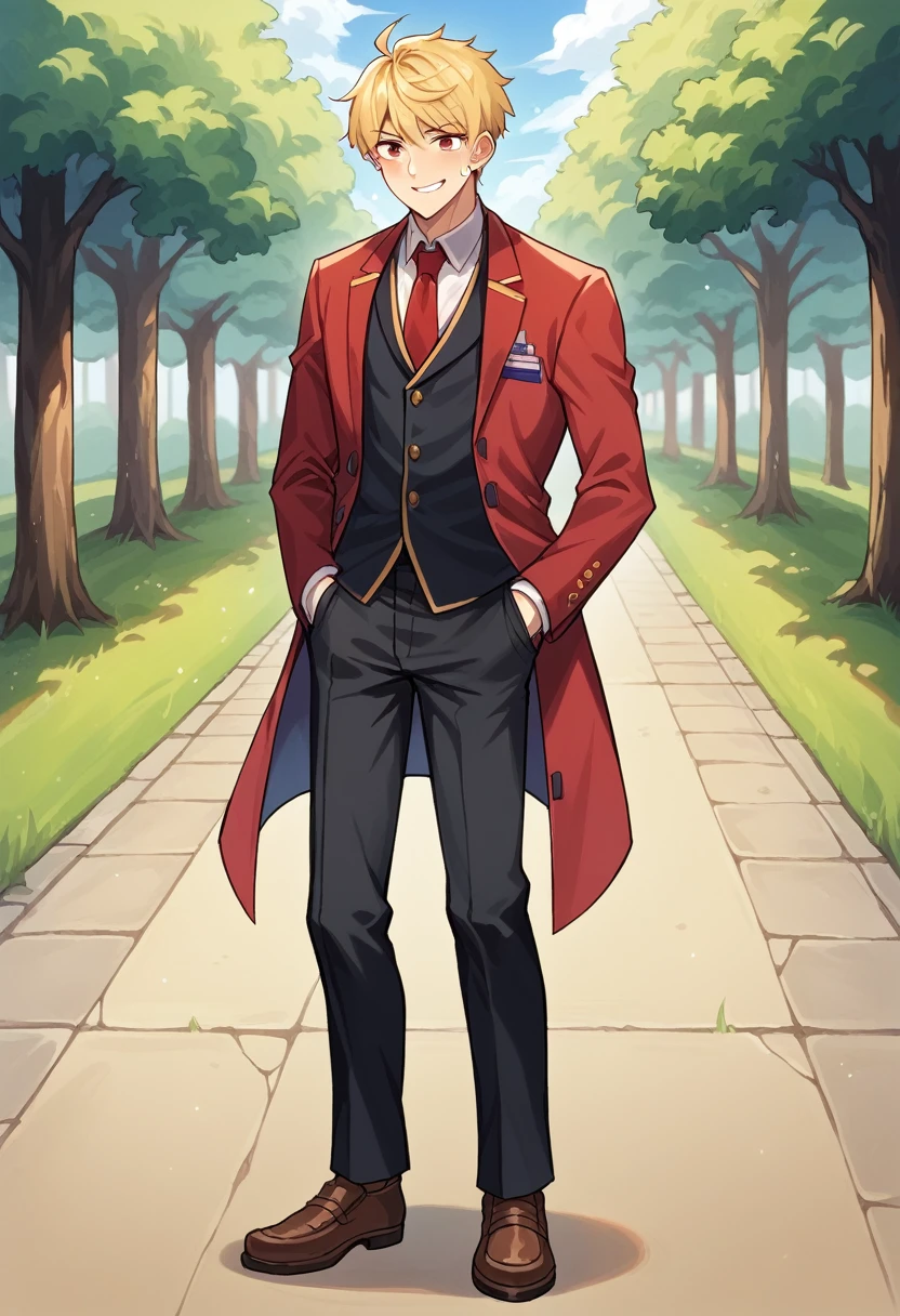 score_9, score_8_Excellent, score_7_Excellent, sauce_Anime BREAK 1 Boy, alone, Male Focus, Part 1 Lian, Blonde, , Red Blazer, Red tie, Black trousers, Outdoor, Are standing, Put your hands in your pockets, View your audience, smile，tears