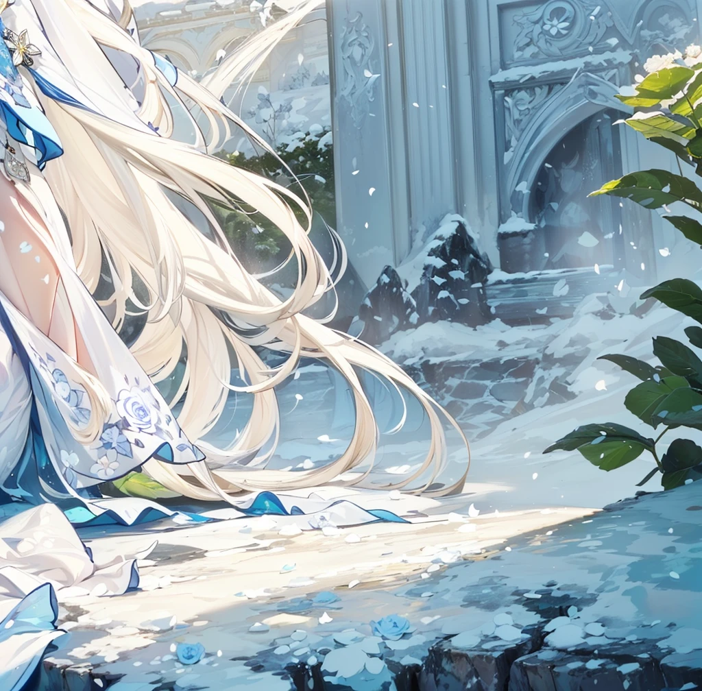 ((best quality,masterpiece,Extremely complex and exquisite details)),White long straight hair,(correct anatomy,Holding hands on the ground),(Exquisite light blue and white clothing,Beautiful bright and exquisite snow white ancient style high transparent architectural background),(Rose,Snow,Falling Flowers,Majestic and elegant outdoors)