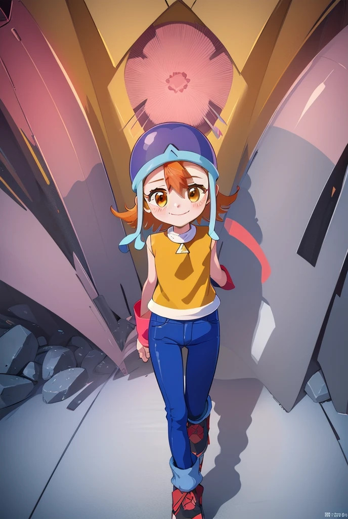 (masterpiece, Highest quality), One girl,  Soladef, , blush, smile, short hair, Orange Hair, Helmet, Orange eyes, Digimon, , yellow shirt, shirt, No sleeve, pants, jeans,