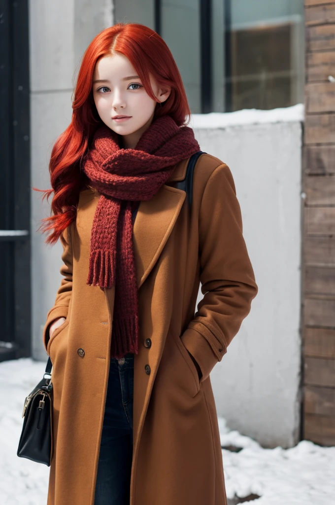 She is , has red hair, wears a long coat and a scarf.